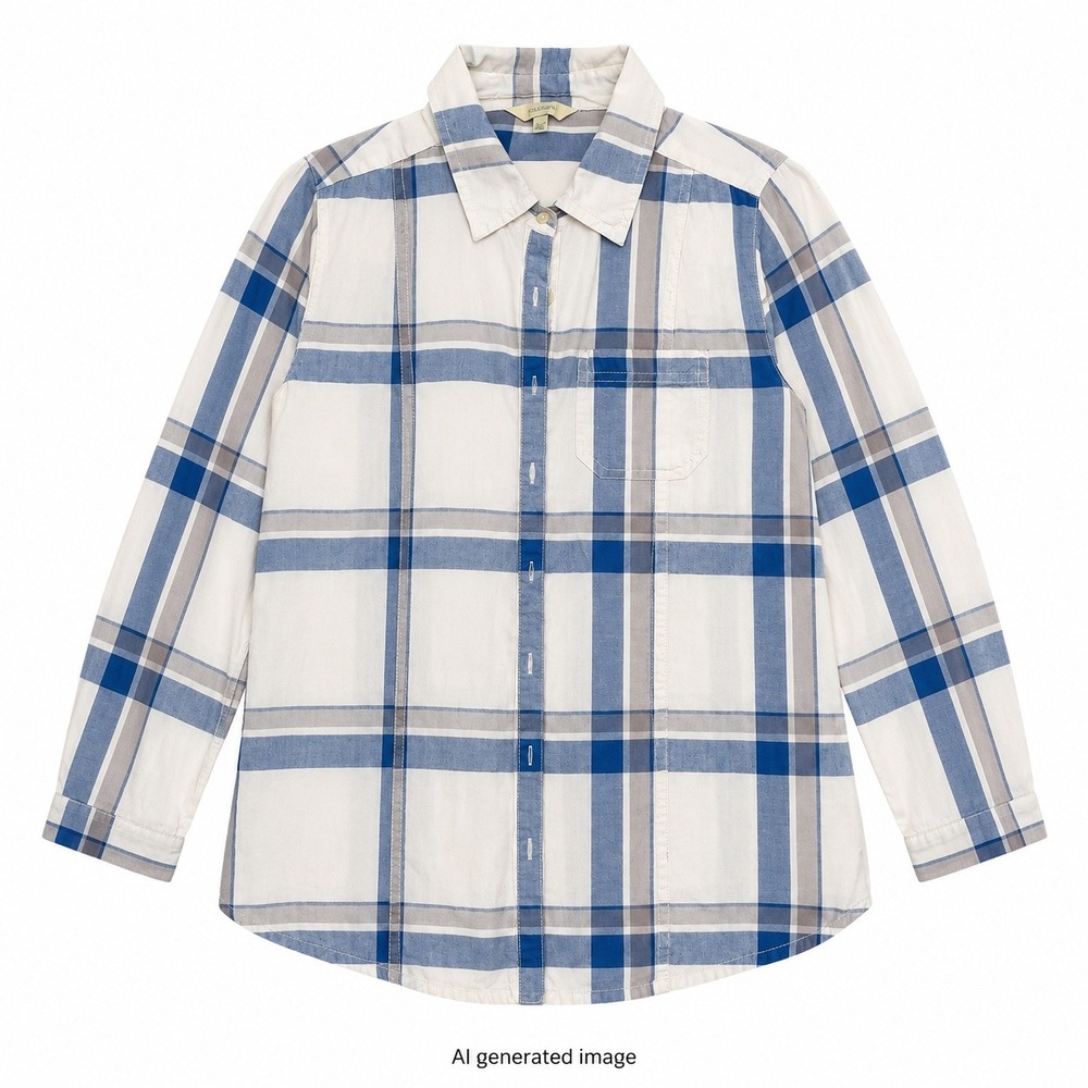 Rubbish Plaid Roll‎ Tab Button Up Shirt Women L Blue White Cotton